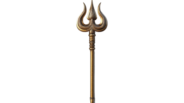 Golden trishul representing power and spirituality on transparent background
