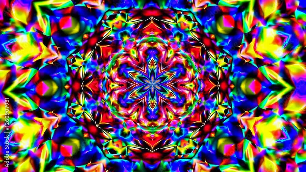Poster colorful kaleidoscope pattern with vibrant psychedelic design, abstract symmetry and bright colors. 