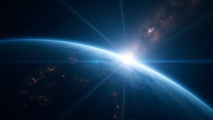 Space view, Earth from orbit, glowing blue atmosphere, sunlight rays, city lights, starry background