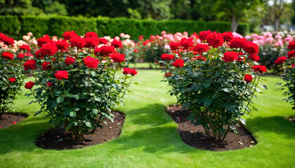 Obraz premium A heart-shaped rose garden on Valentine's Day, extreme wide shot, rack focus, eye level.