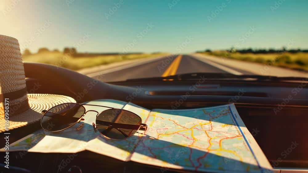 Poster sunlight illuminates sunglasses and a paper map on a car dashboard, evoking a sense of adventure and