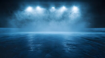 A large, dark ice rink illuminated by spotlights
