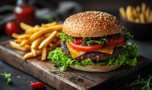 Delicious hamburger with cheese and tomato on a wooden board with fries