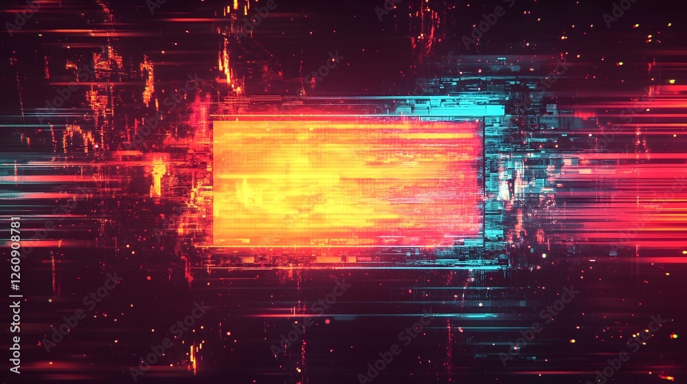 Poster striking digital abstract background with vibrant futuristic glitch effects neon lights energy rays 