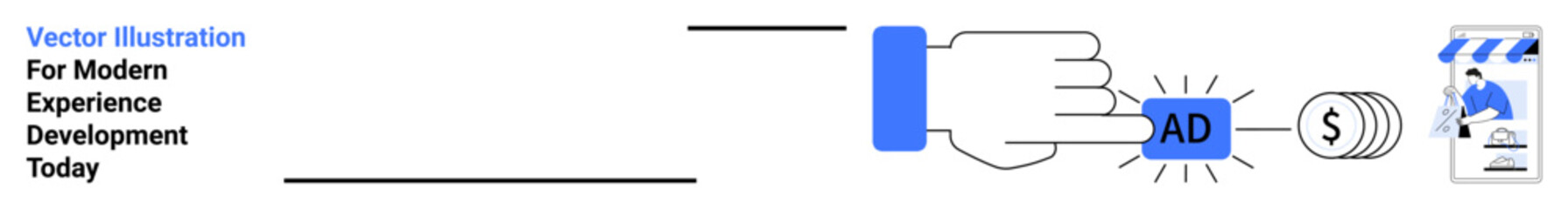 Hand pressing ad button sends money symbol to digital wallet. Ideal for advertising, monetization, digital economy, online business, payments, web design, flat landing page banner