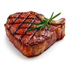 Juicy Grilled Steak with Herb Garnish on White Background