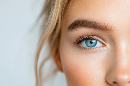 Half face of young blond woman with beautiful blue eye and long eyelashes promoting eye care products