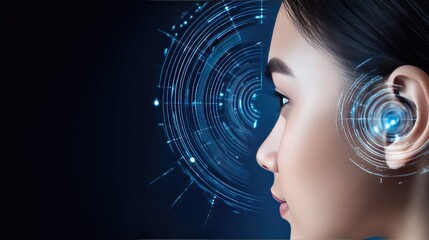 A woman is captured in profile as digital facial recognition patterns emerge around her face in a futuristic design