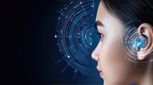 A woman is captured in profile as digital facial recognition patterns emerge around her face in a futuristic design