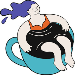 Woman swimming in coffee cup cartoon.