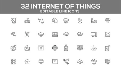 Internet of Things Line Icons Set | Editable IoT and Smart Technology Icons for Web and App Design
