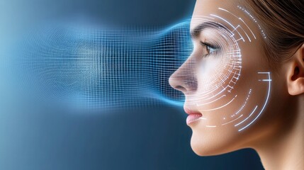 A woman is captured in profile as digital facial recognition patterns emerge around her face in a futuristic design