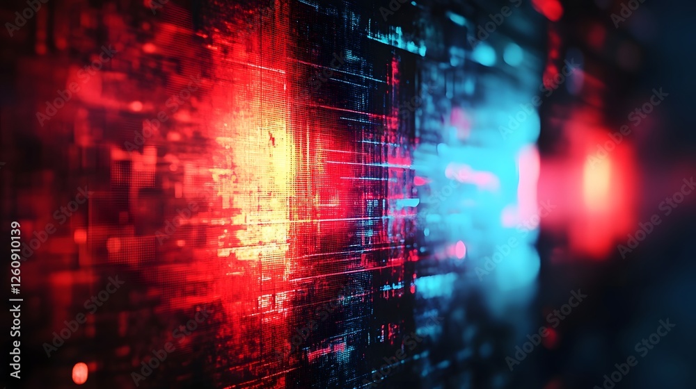 Poster Stunning abstract digital background featuring a dynamic matrix of glowing red and blue lines circuits and data visualizations