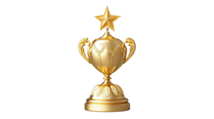 Golden trophy cup with star on transparent background representing victory and achievement