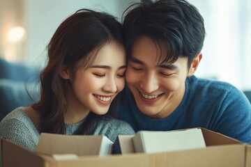 Obraz premium A happy young couple unpacking boxes, smiling and enjoying their new home together.