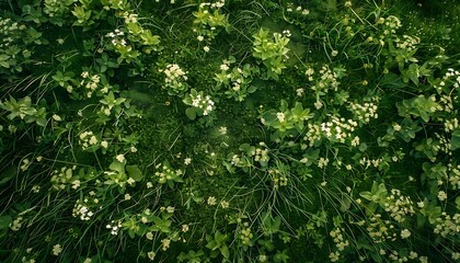 Green grass with white flowers in the meadow, top view.