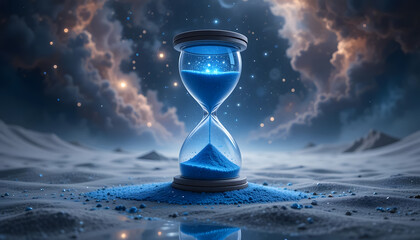 an ethereal hourglass floating in a void, blue sand glowing as it swirls like a galaxy, cosmic nebula and stars in the background, dreamy atmosphere, photorealistic reflections