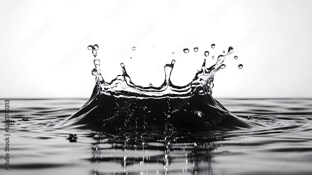 Poster Stunning abstract image featuring a dynamic black and white splash of water creating a pattern with fluid motion and reflective textures