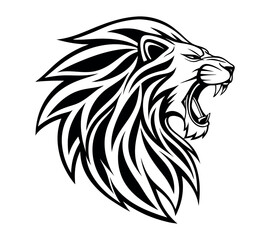 A high-contrast black and white vector illustration of a roaring lion's head,