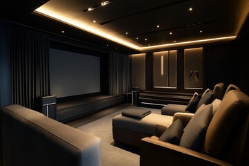 Elegant home cinema room showcases modern design with plush seating, ambient lighting, and large screen. Concept highlights home cinema room planning, creating immersive viewing experience