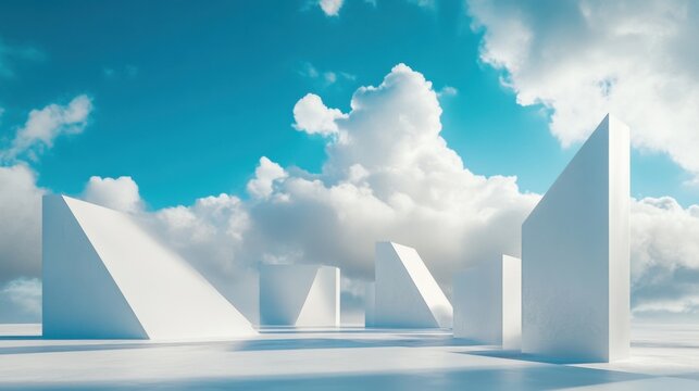 White, surreal architectural structures with abstract geometric shapes creating an otherworldly landscape, set beneath a vivid blue sky filled with drifting clouds.