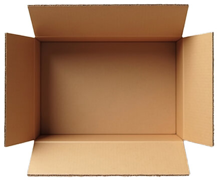 Top view of an open empty cardboard box with flaps, suitable for packaging, shipping, or storage purposes. Brown color and simple design