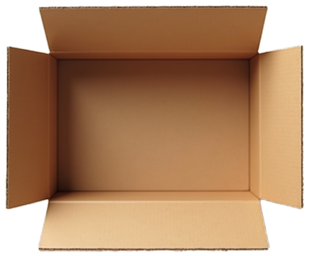 Top view of an open empty cardboard box with flaps, suitable for packaging, shipping, or storage purposes. Brown color and simple design