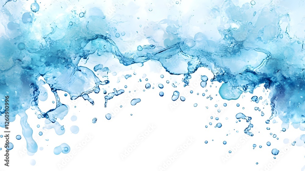 Aufkleber Stunning close up of water droplets splashing and dancing on a vibrant teal watercolor like abstract backdrop creating a serene calming and visually mesmerizing effect