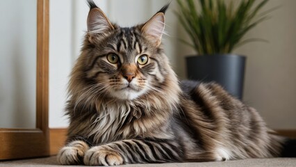 Fototapeta premium Tabby maine coon cat laying on the floor indoor
