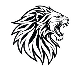 A high-contrast black and white vector illustration of a roaring lion's head,