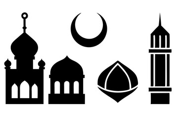 set of Islamic icon vector silhouette illustration, moon icon with star , mosque icon , Eid al-Adha or Eid-ul-Kabir Symbol,islamic icons vector image 