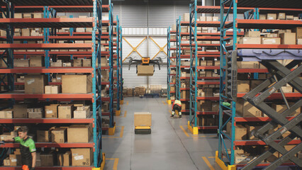 Obraz premium Logistics Center: Automated Guided Vehicles Transporting Cardboard Boxes, Workers Checking Inventory in Retail Warehouse. AGV Robots and Drones Delivering Packages with Goods. 3D Future Technology.