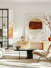 Modern Living Room Design, Emphasizing Natural Light and Minimalist Decor, Featuring Artistic Elements and Cozy Atmosphere