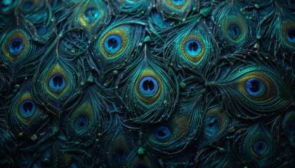 Peacock feather pattern with iridescent blues, greens, and gold eye spots in stunning detail