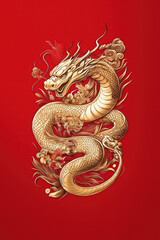 Obraz premium Ornate golden Chinese dragon intertwined with delicate floral patterns on a red backdrop 
