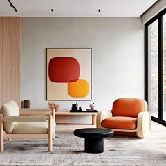 Modern Living Room Design, Featuring Cozy Furniture Arrangement, Stylish Artwork, and Warm Color Palette in Elegant Setting
