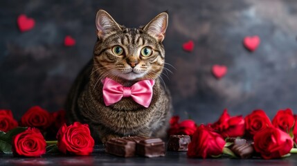portrait of a sitting cat with red flowers and a bowtie