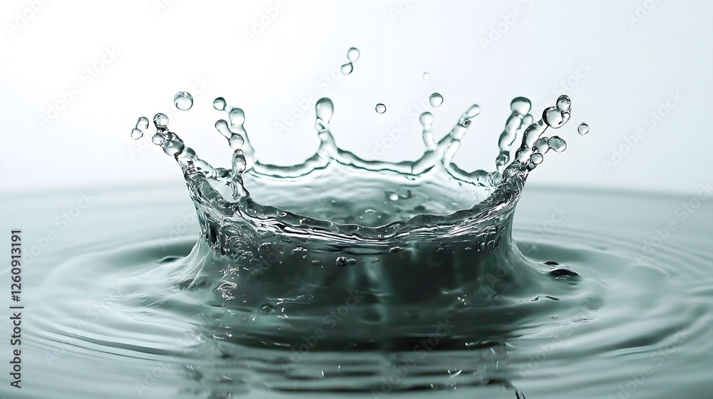 Poster Stunning macro shot of water splash creating a mesmerizing ripple effect on a minimalist green background  The crystal clear droplets and fluid motion create a captivating abstract visual