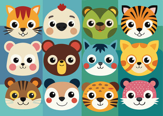 Naklejka premium Hand Gesture Silhouettes & Cute Animal Faces Vector Illustration