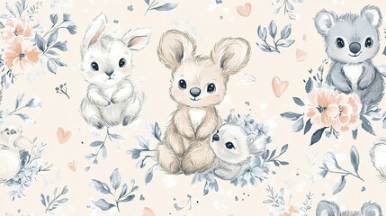 Adorable Baby Animals with Floral Background Design