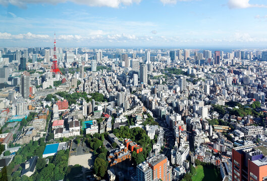 Aerial panorama from Roppongi over Tokyo Downtown, with landmark Tokyo Tower among crowded buildings, green spaces scattered over the district & Tokyo Bay on distant horizon on a beautiful sunny day