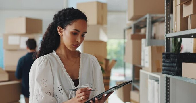 Checklist, clipboard and supply chain with woman in office for management of cargo or freight stock. Documents for quality control, inventory and logistics with employee in depot for delivery