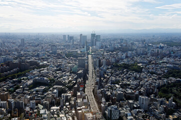 Fototapeta premium Aerial panorama of Downtown Tokyo at sunset, with view of high-rise towers clustering in Shibuya area and an arterial highway stretching among crowded buildings out to distant horizon in hazy dusk