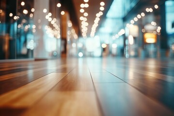 Fototapeta premium Modern Interior Design: Gleaming Wooden Floors in a Bright, Blurred Shopping Mall