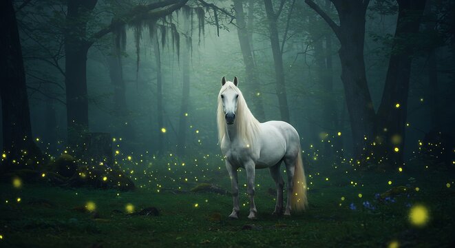 A fairy-tale-like white horse standing in a misty forest, with glowing fireflies around it.