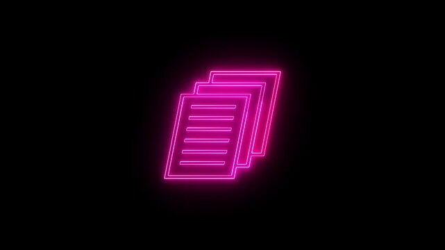 Neon file documents uploading icon 4k animation . Glowing pink neon document sign on black background.