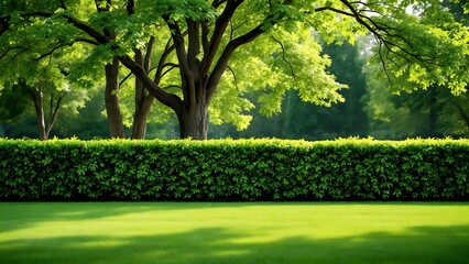 Obraz premium Long neatly trimmed hedge garden is made up Using cherry laurel