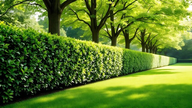 Long neatly trimmed hedge garden is made up Using cherry laurel