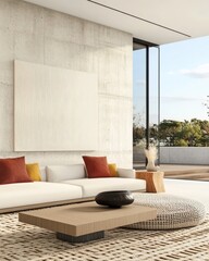Modern Living Room Design, Showcasing Cozy Sofa and Artistic Table, Inviting Natural Light, Contemporary Minimalist Style
