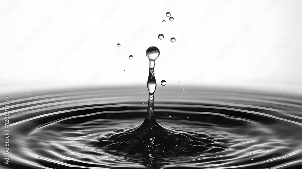 Aufkleber Tranquil black and white photograph showcasing a single water drop creating concentric ripples on a calm water surface with a minimalist abstract and serene visual effect